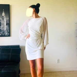 White dress chiffon sleeves crystals detail M